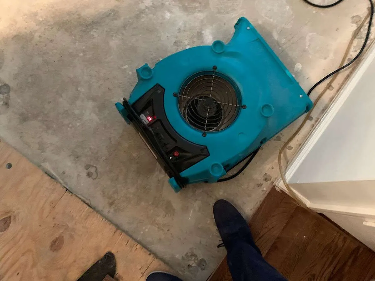 Air mover drying subfloor during Commercial Water Damage Restoration in Marshalltown